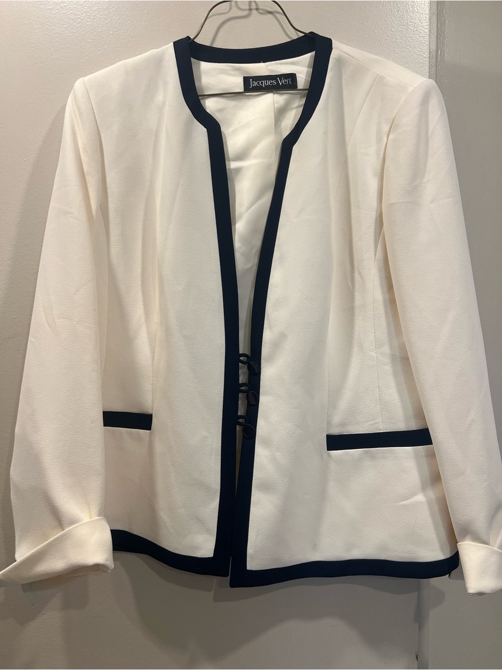 Women's Cream Collarless Jacket with Navy Trim. Jacques Vert brand. Lined